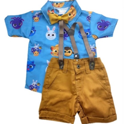 Kit Roupa Conjunto Infantil Menino 4 Peças Camisa Gravata Bermuda e Suspensório Aniversário Bolo fofo  Mesversário