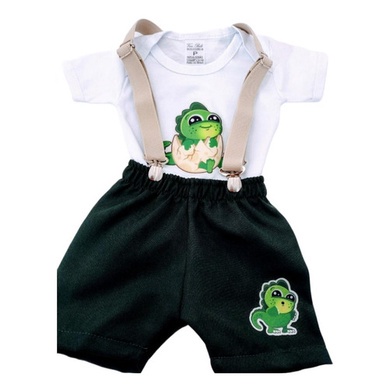 Kit Conjunto Infantil Temático Roupa Para Bebê Menino Body Dinossauro, Short e Suspensório Festa Aniversário Mesversário