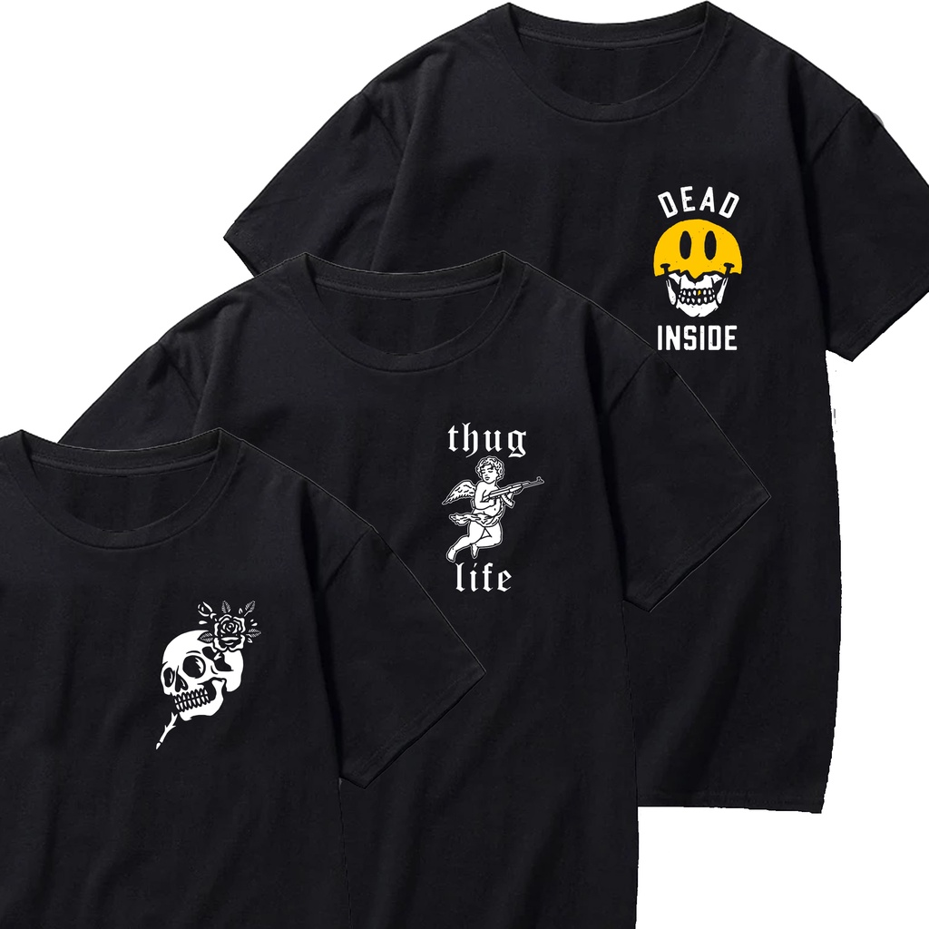 Kit 3 Blusas Estampa Old School Anjo Thug Life Camiseta - Skull Roses - Smile Dead Inside Moda 100% Algodão