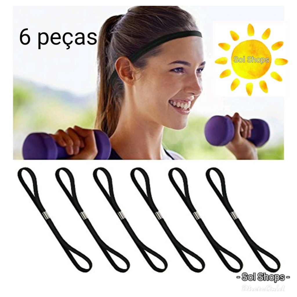 Kit 6 Faixas Tiara Para Prender o Cabelo Esportes Headband  E Penteados Unissex  com Metal  Preto