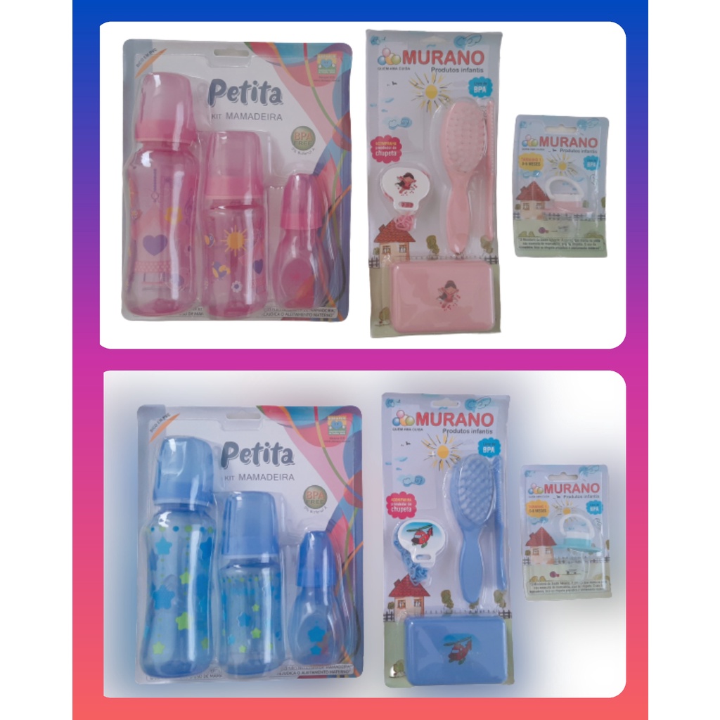 KIT 8 PEÇAS -  MAMADEIRA PETITA + CHUPETA + KIT BANHO MURANO PARA BEBÊS RECÉM NASCIDOS.