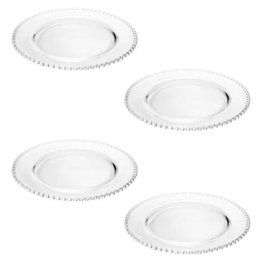 Conjunto 4 Prato De Vidro Cristal Wolff Para Bolo Transparente Sousplat Bolinhas Na Borda Pearl 31,5 Cm