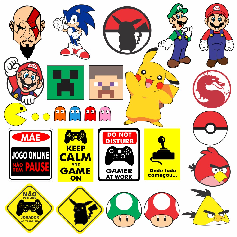 Adesivo Decorativos Gamer Kit C/22Un. Alta Qualidade Acessórios On Line Carro Capacete Moto Geek Nerd Vitrines Paredes Balcão
