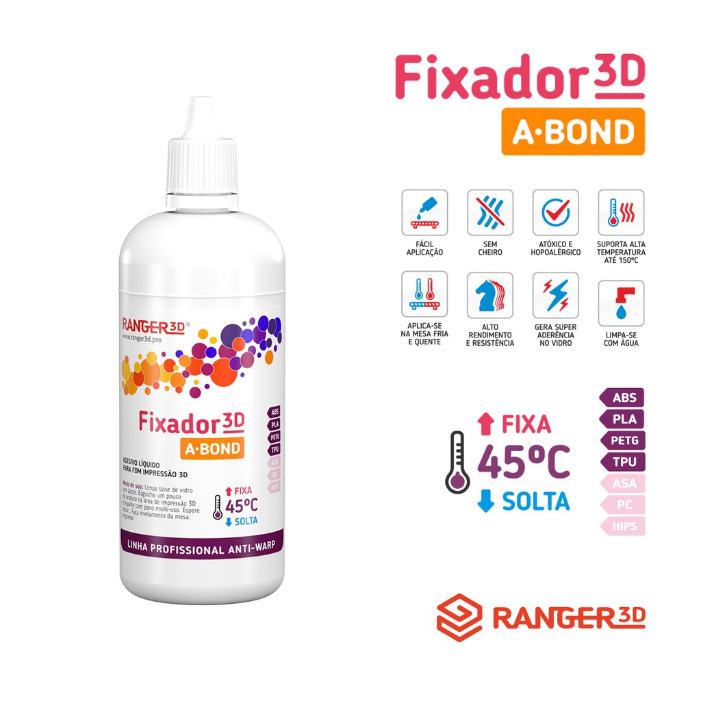 Fixador 3D A.Bond 120ml - Linha Profissional da Ranger 3D - Adesivo líquido para impressão 3D com todos os tipos de filamento - Cola adesiva para mesa aquecida.