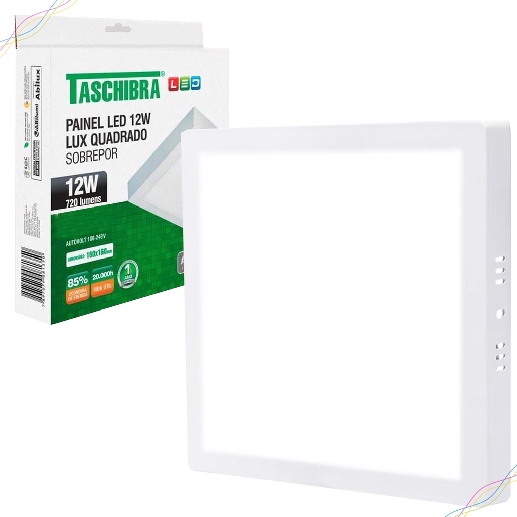 Luminária Plafon Painel LED 12W Sobrepor Quadrado Branco Fio Bivolt