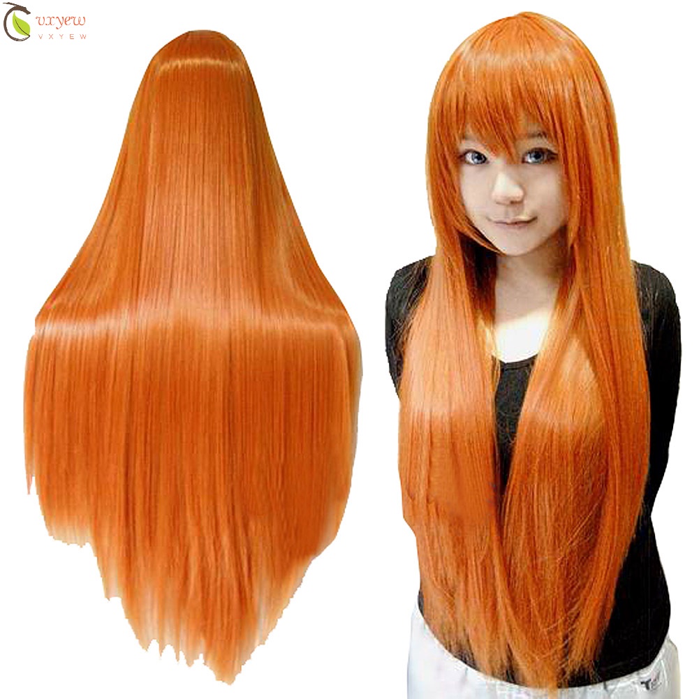 Vxy Peruca De Cabelo Comprido Feminina Laranja Com Franja Para Cosplay，Peruca 100% Orgânica Longa 80cm Corte Efeito V Linda Super Natural Idêntico Ao Cabelo Humano + Touca Wig Cap
