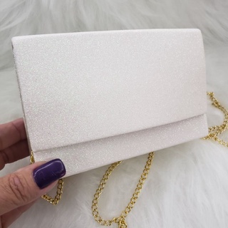 Bolsa de festa branca com gliter perolado de ombro ou mão alça em corrente dourada tamanho 10x16
