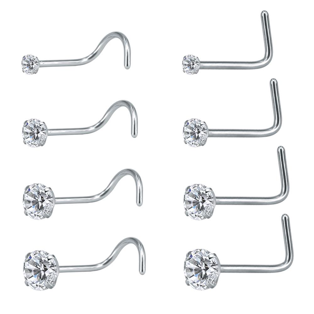 8 Pçs 1 Lote De Cristal Zircon Nostril Piercing Em Forma De L Pino Do Nariz De Aço Inoxidável