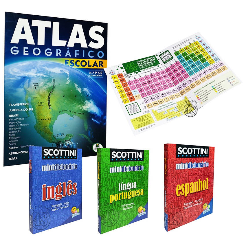 Atlas Geografico Mapa Brasil 3 Dicionário Inglês Espanhol Português Tabela Periódica Quimica prova Geografia