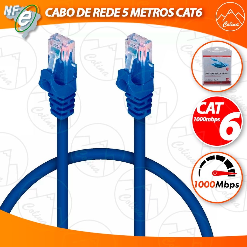 Cabo de Rede Cat 6 5 Metros 1000bps Montado Ponta RJ45 Net Lan