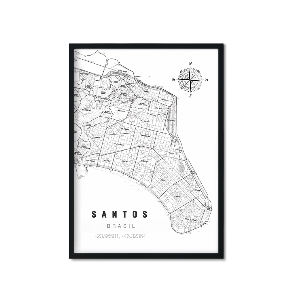 Quadro Decorativo Mapa Cidade Santos Praia Brasil 43X63 Sala Quarto Escritório