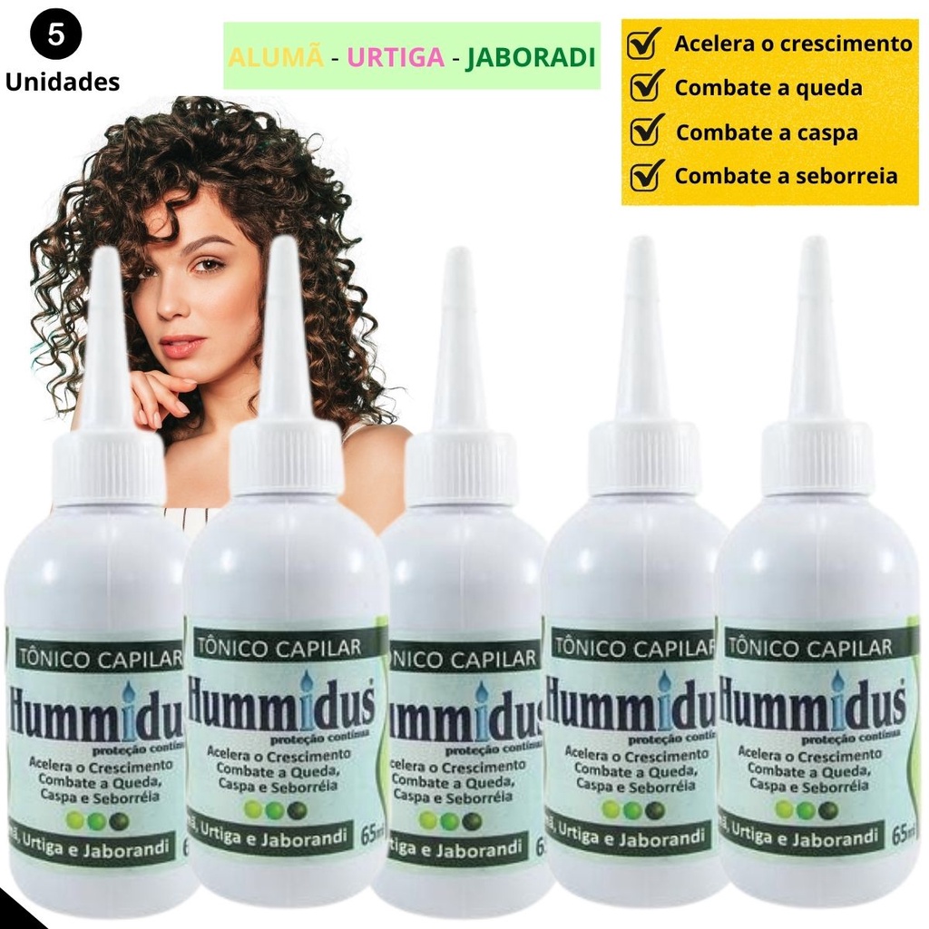 kit 05 Tônico de crescimento capilar e controle de queda combate Caspa e Seborreia - Alumã - Urtiga - Jaborandi 65ml Hummidus