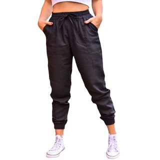 Calça Feminina Linho Bomber Jogger Cintura Alta Cordão Roupa Moda 2020