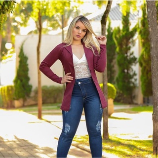 Blazer Feminino Longo Acinturado Maxi Sem Forro Bengaline