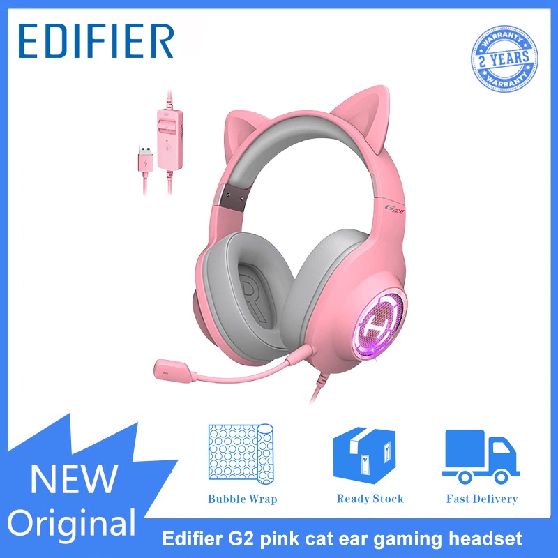 Edifier G2 Fone De Ouvido De Gato Rosa Com Microfone De Iluminação RGB Som surround 7.1