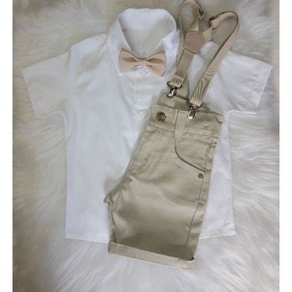 Conjunto Batizado Casamento Nude Liso - Camisa, Bermuda, Suspensório+Gravata - Festa, Evento