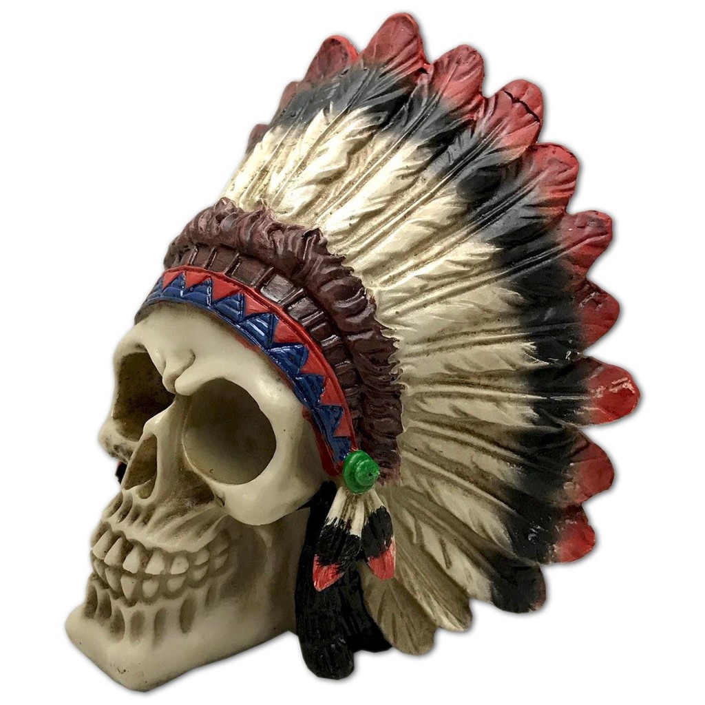 Estatueta Crânio Caveira Halloween Índio Pajé Cacique Apache Decorativo Em Resina