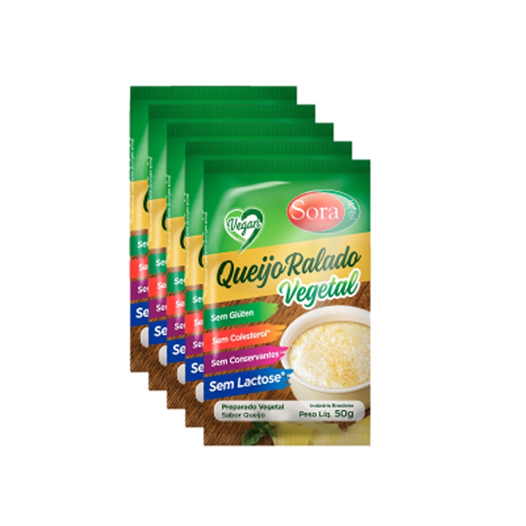 Kit 5 Queijo Ralado sem Lactose Baixo Sódio Vegetal 50g - Sora