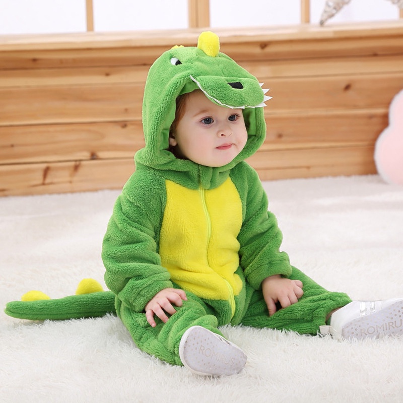 Bebê Bonitinho Romper One Piece Green Dinossauro Cartoon Roupa De Inverno Flanela Fato De Salto Macio em Oferta na Shopee