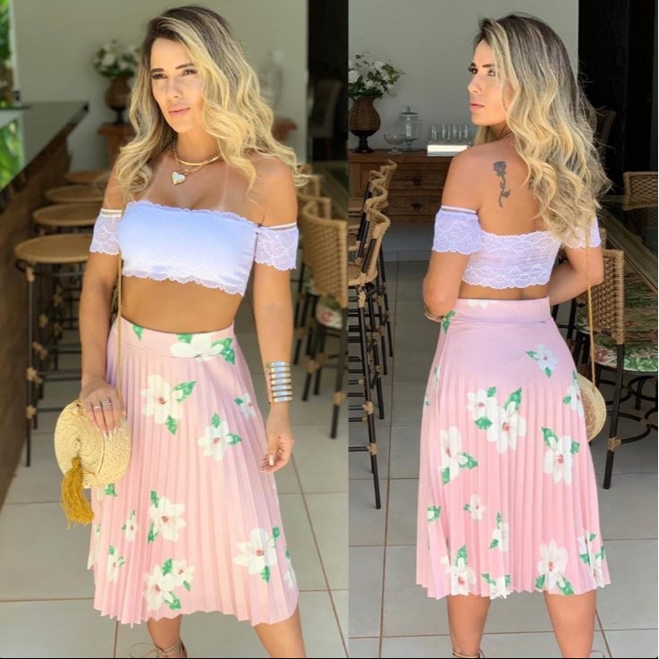 saia plissada floral midi