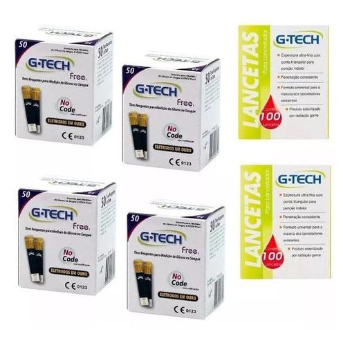 Kit 200 Tiras Fitas Glicemia G-tech Free + 200 Lancetas