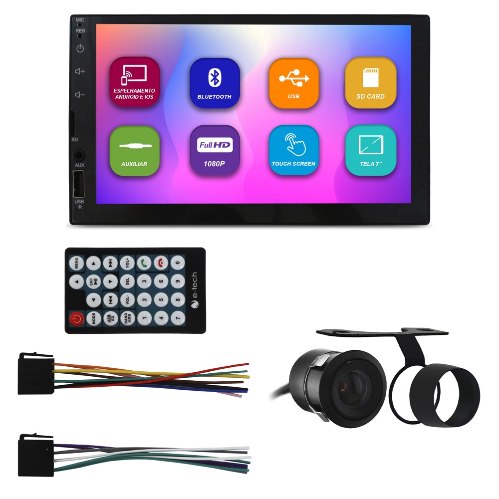 Kit Mp5 Player Automotivo 2 Din 7 Polegadas E-Tech Light Bluetooth Espelhamento Android + Camera de Ré Estacionamento
