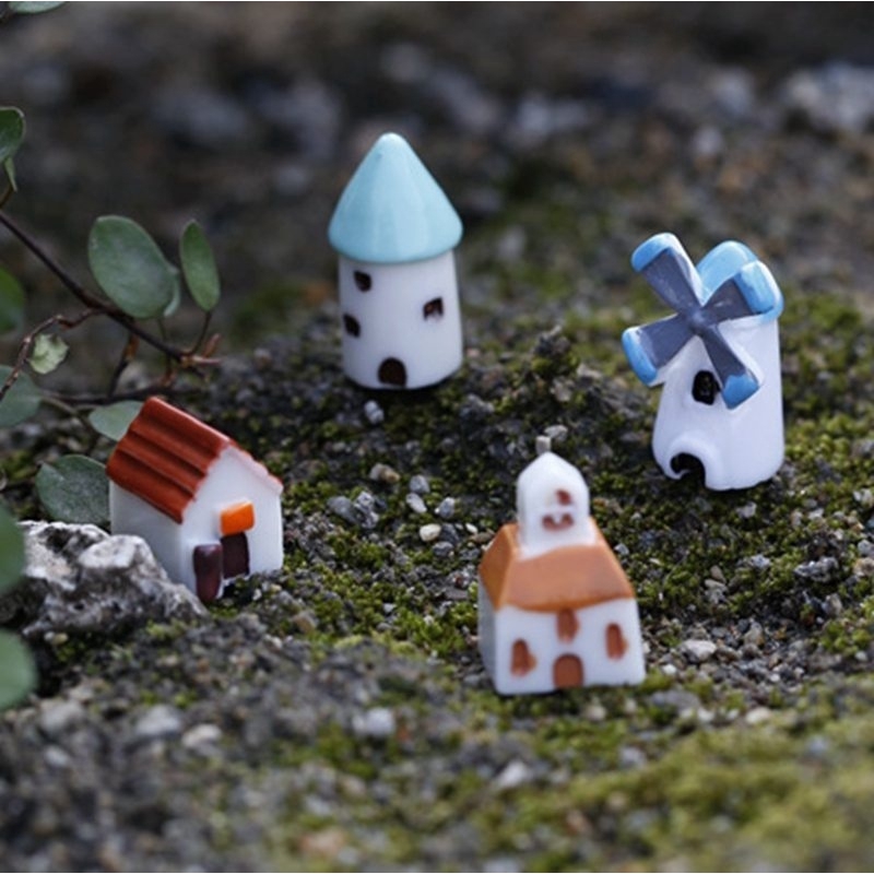 4 Pçs / Set Mini Windmill / Duplo Igreja / Pequena Casa / Mini Castelo De Fadas Jardim Bonsai Decorações