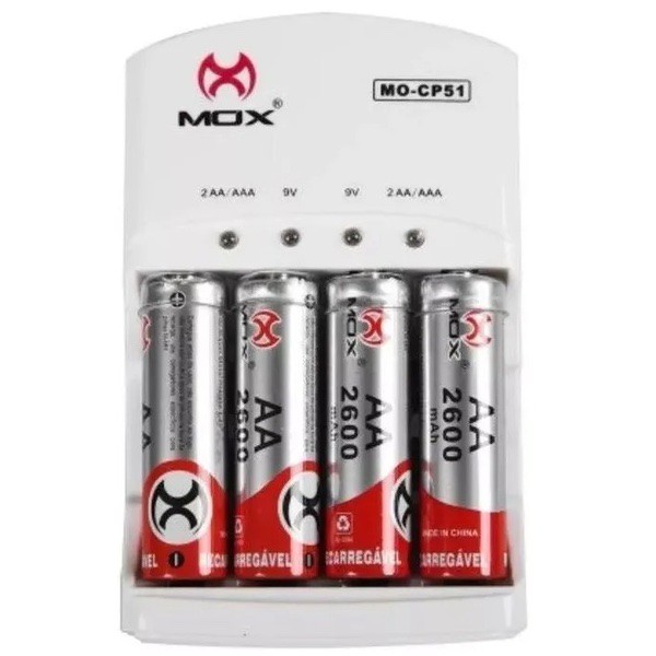 Carregador De Pilhas Recarregaveis Mox Com 4 Pilhas Aa Aaa e Pilhas Recarregaveis