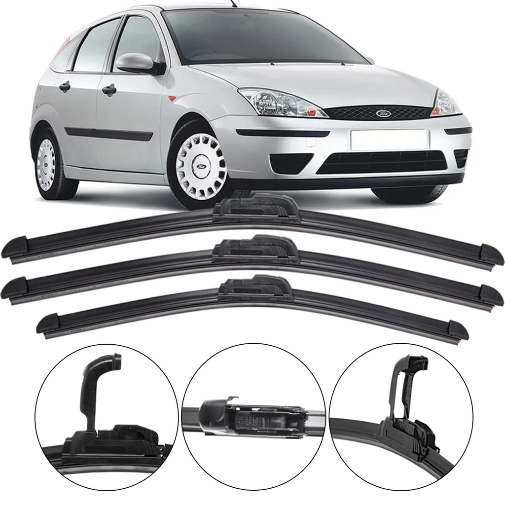 Kit 3 Palhetas Limpador Parabrisa Dianteiro + Traseiro Ford Focus 2000 2001 2002 2003 2004 2005 2006 2007