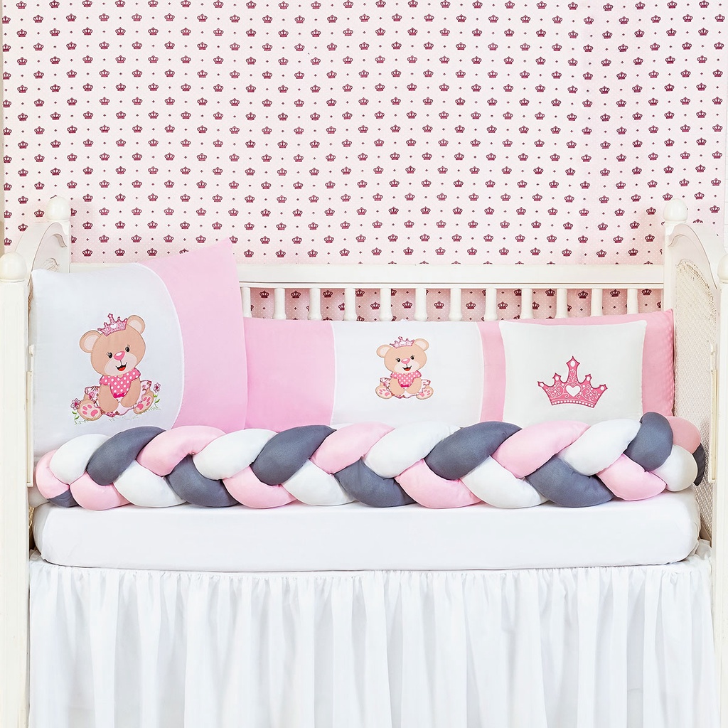 Kit Berço Trança Urso Coroa Rosa Menina Americano Com Lençol e Naninha 7 Peças GOLD BABY LINHA BABY