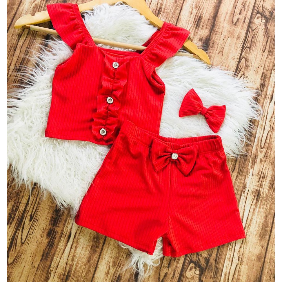 Conjunto Canelado Blusa + Short + Lacinho para cabelo! Tamanho Unico [Verificar Disponibil...