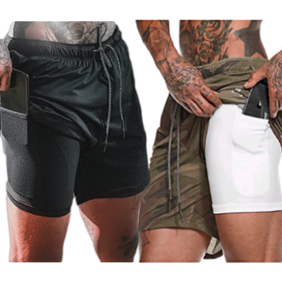 Kit 2 Bermudas Masculinas Academia 2 em 1 com Cueca e Suporte para Celular