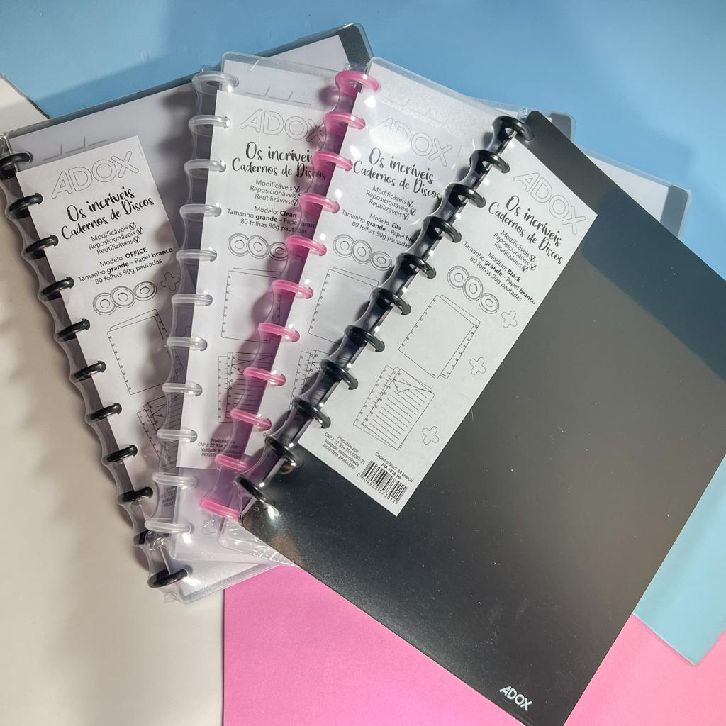 Caderno de Disco Grande - Black Ella Office Clean - Marca Adox - tipo Caderno inteligente com folhas reposicionáveis tamanho universitário (diferente do a4 )