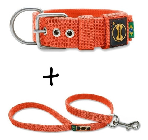 Coleira Cachorro Grande Pit Bull + Guia 80cm Laranja (Reforçada / Super Resistente)