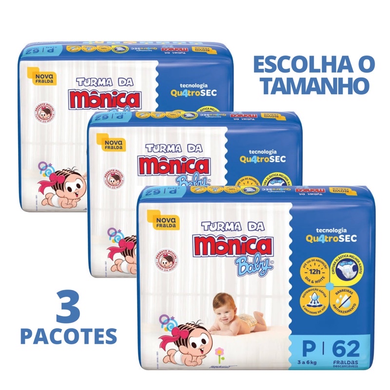 03 Pacotes Fralda TURMA DA MÔNICA BABY MEGA - Escolha o tamanho