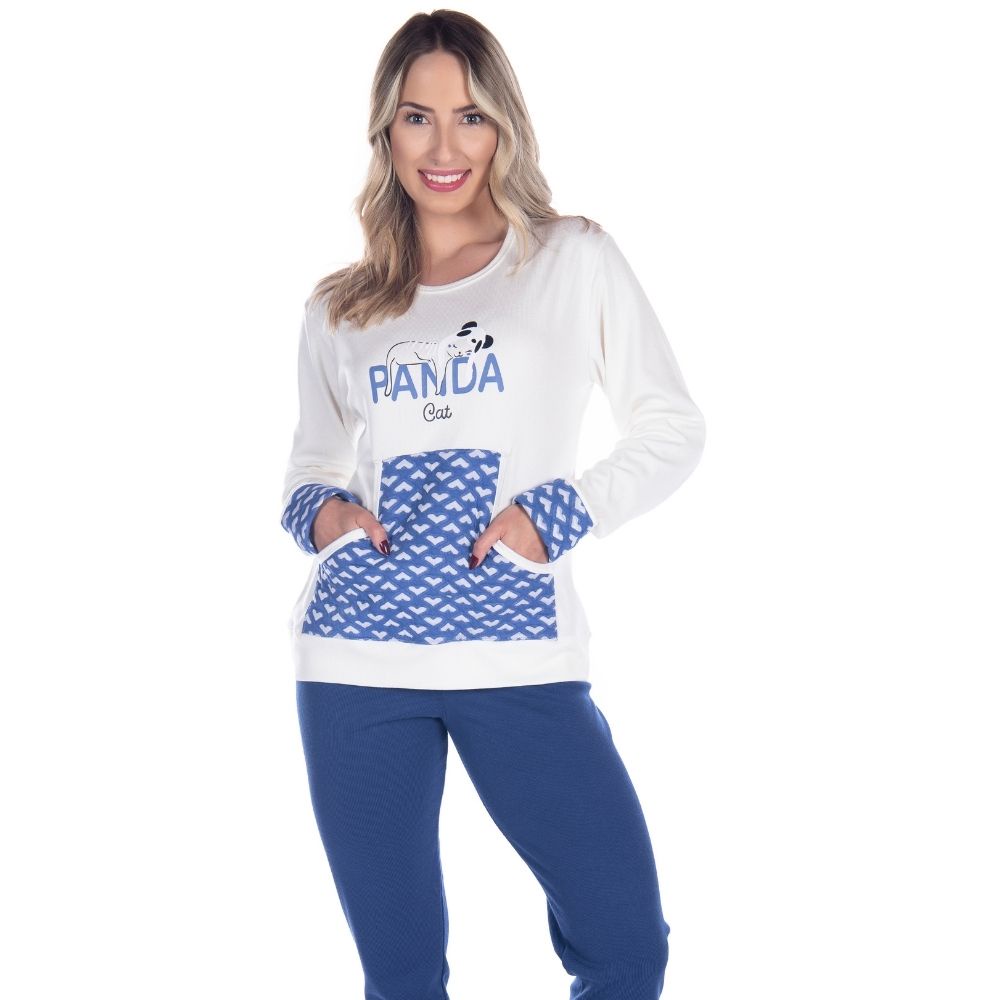 Pijama De Inverno Feminino Fechado e Estampado Longo Canelado Com Bolso Canguru Confortavel - Women Clothes