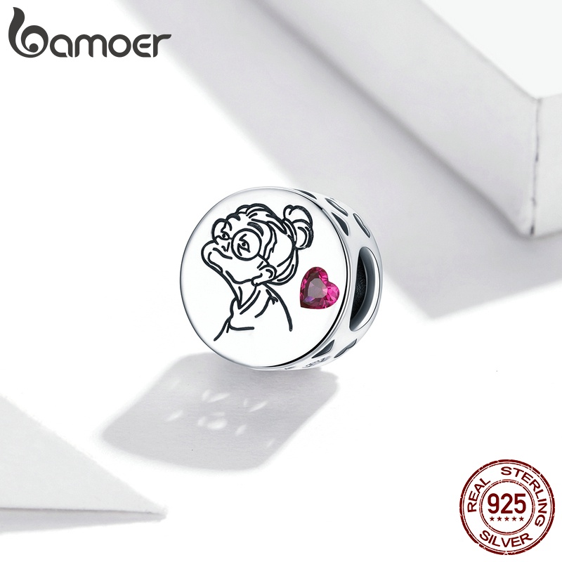 BAMOER Carta Floral Coração De Contas Rosa 925 Prata CZ Pingente De Encanto Charms SCC1762
