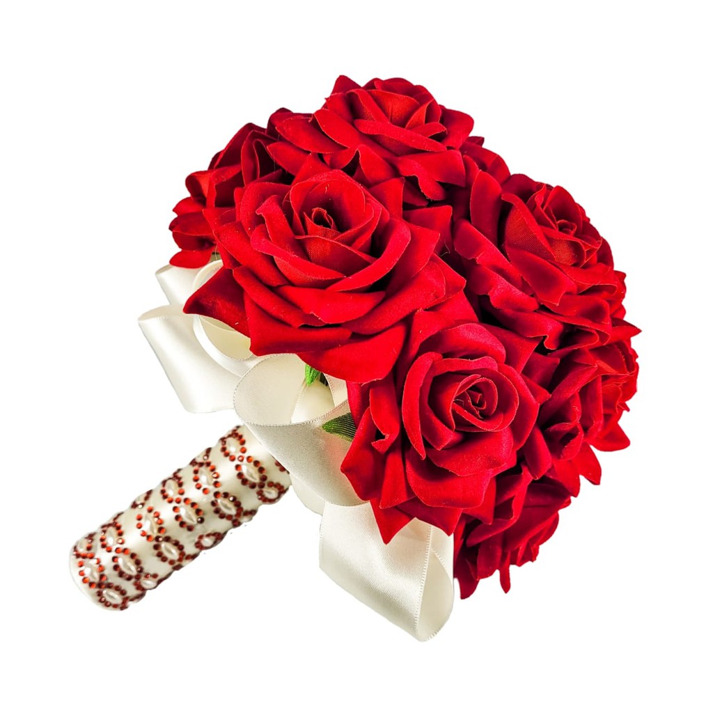 Buquê De Noiva C/ Rosas Vermelhas Luxo Grande Casamento Buquê de noiva Luxo com 15 rosas vermelhas aveludadas.  Use no seu ensaio ou no casamento e encante a todos.  Medidas: 24 cm de altura por 24 cm de diâmetro.  Peça feita a mão com muito carinho.  Com