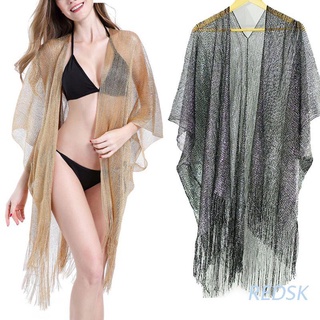 Redsk Womens Verão Metálico Glitter Cor Sólida Swimsuit Cover Up Longa Borlas Asymmetric Hem Kimono Cardigan Sheer Malha Protetor Solar Xale Beachwear