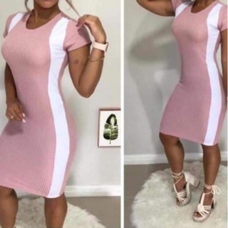 Vestido curta feminino canelado manga curta listra branca