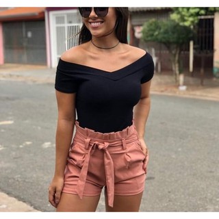 Blusa feminina canelada decote V ombro a ombro manga curta
