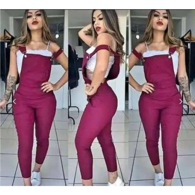 Macacão Suspensório Jardineira Feminina Longo Skinny Roupas Promoção Bengaline Blogueira Salopete Jardineira