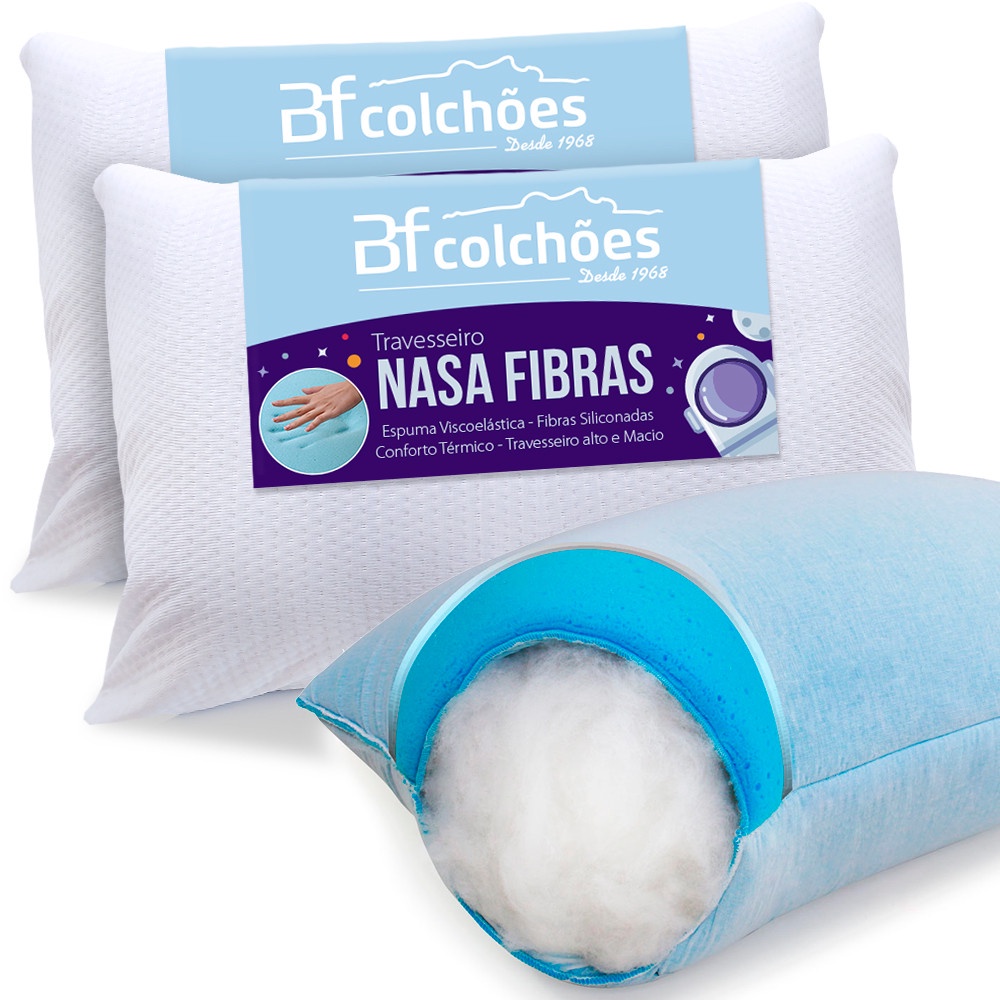 Kit 2 Travesseiros Espuma Nasa Antialérgico Fibra Siliconada BF Colchões