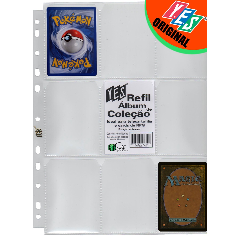 Kit com 10 ~ 50 Folhas para Cards e Cartas para fichário pasta Álbum argola 11 Furos 9 Bolsos Pokémon Magic Yugioh RPG cardgame figurinhas coleção colecionável kpop futebol copa do mundo bts black pink dragon ball naruto