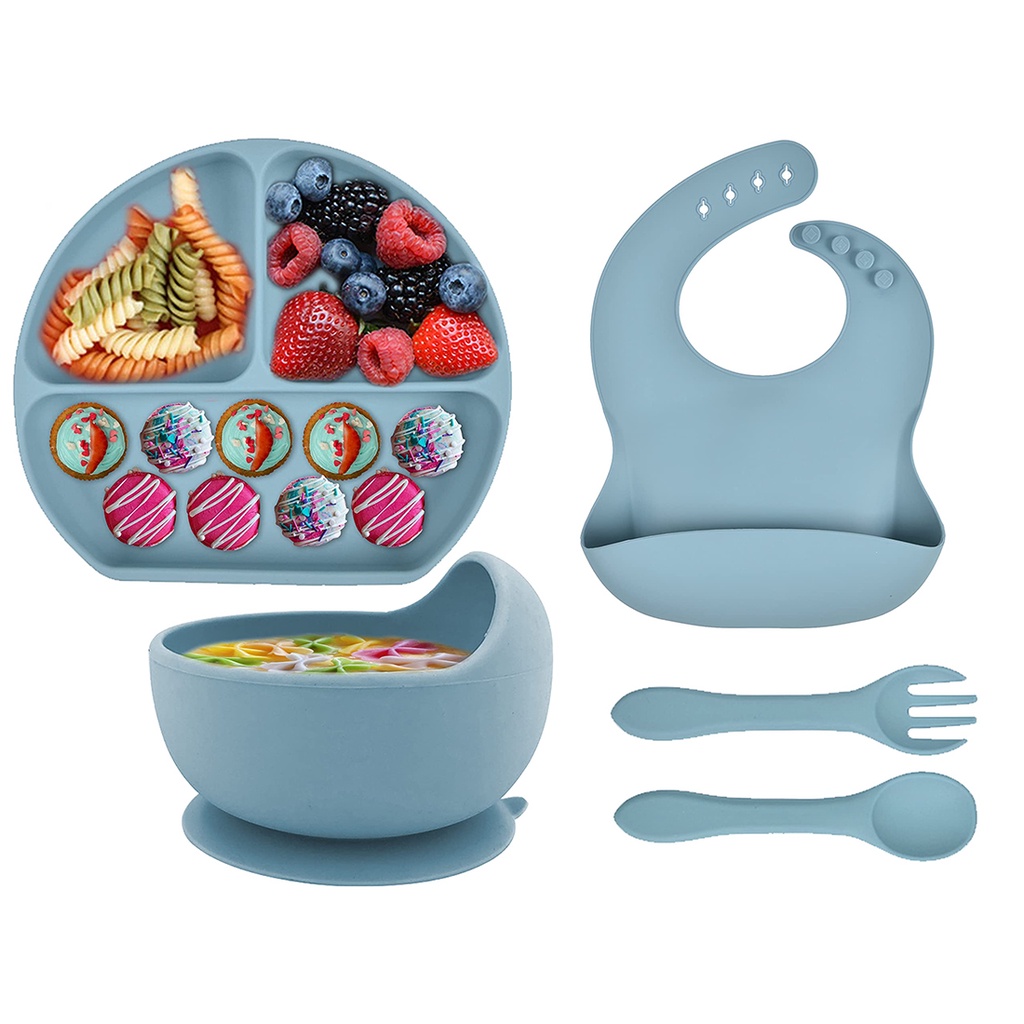 5pçs Conjunto De Alimentação De Bebê De Silicone Com Ventosa Prato D + Babador Ajustável & Colher Flexível