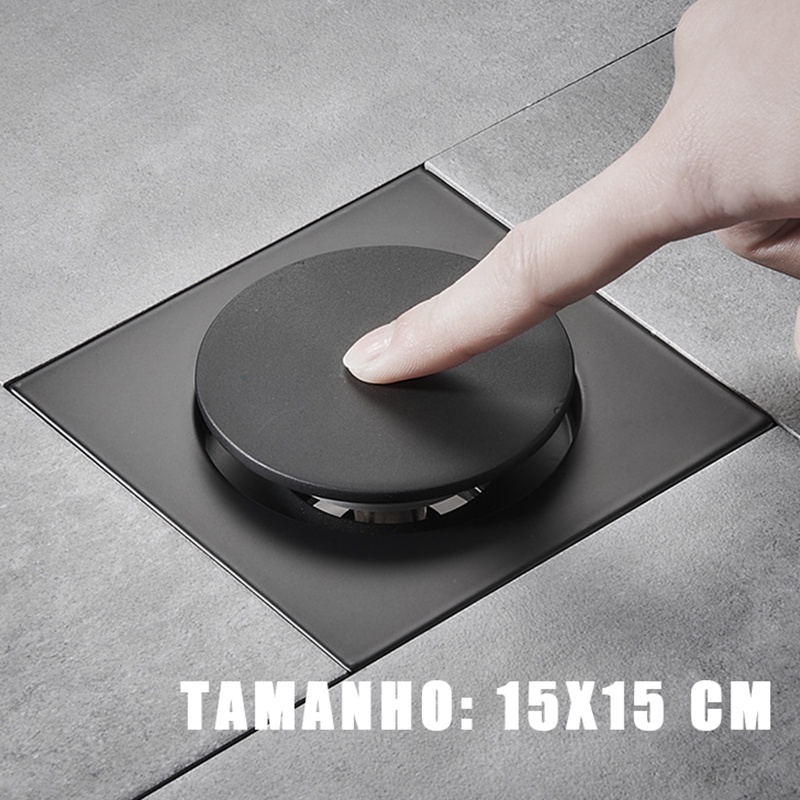 Kit 1 e 2 Unidades - Ralo Click Inteligente Pop Up Inox Preto 15x15 cm Banheiro Encaixe Ve...