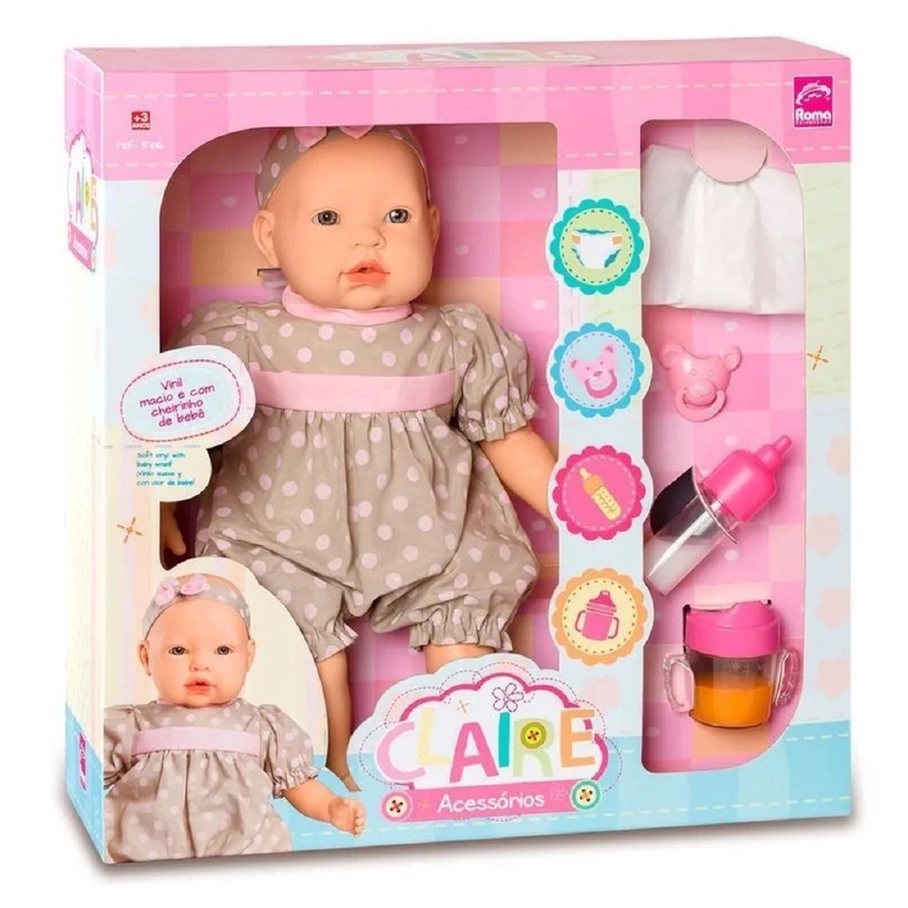 Boneca Bebê Claire Com Acessórios De Vinil 5416 - Roma em Oferta na Shopee
