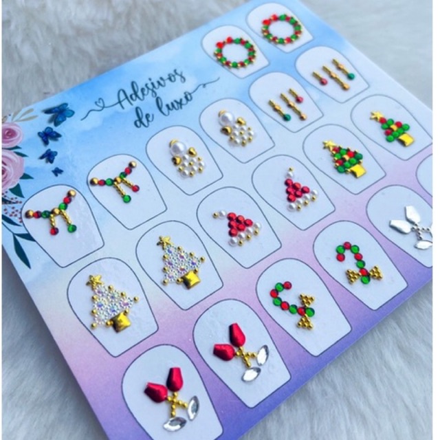 Cartelão de Jóias para Unhas Natal - Pedrarias para Unhas - Decoração de Unhas