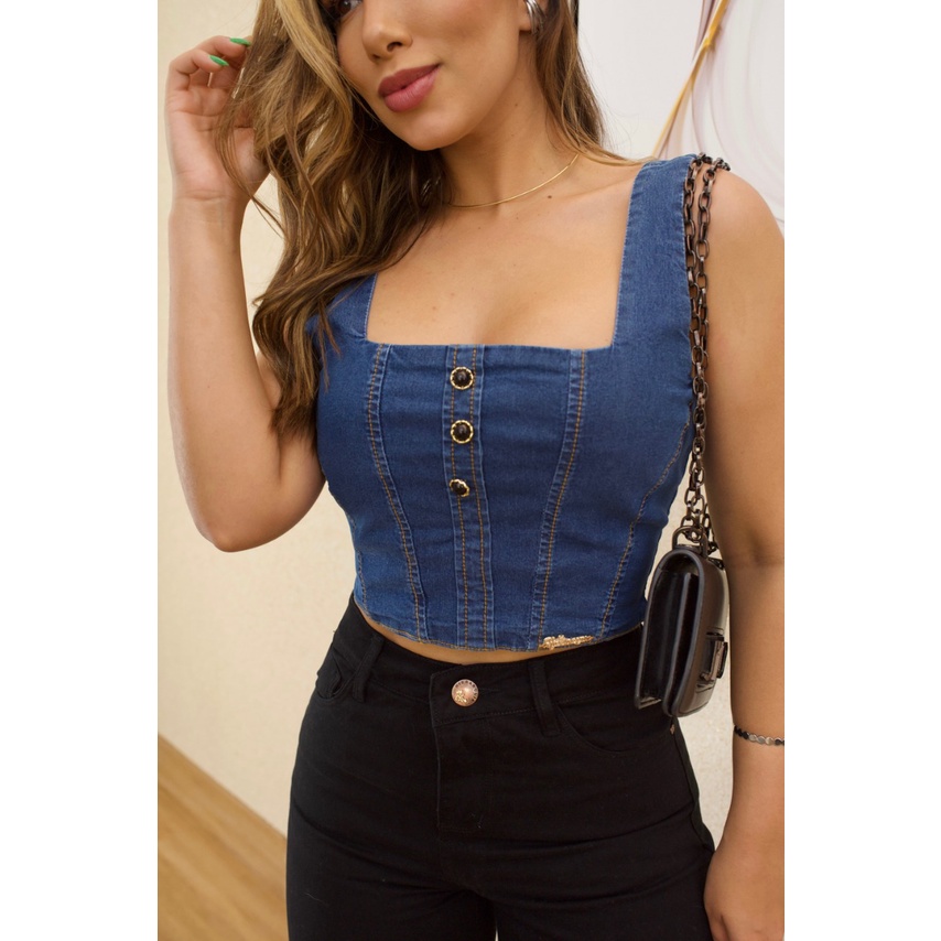 Cropped Jeans P ao GG Feminino de Alça Larga Blusa Curta com Lycra