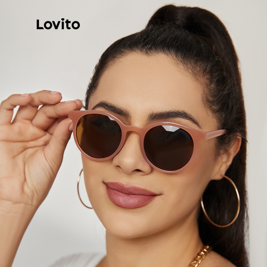 Lovito Óculos de Sol Casual Lisos Armação Redonda Retrô Lente Colorida Com Caixa L17M182 (Beige/Rosa)